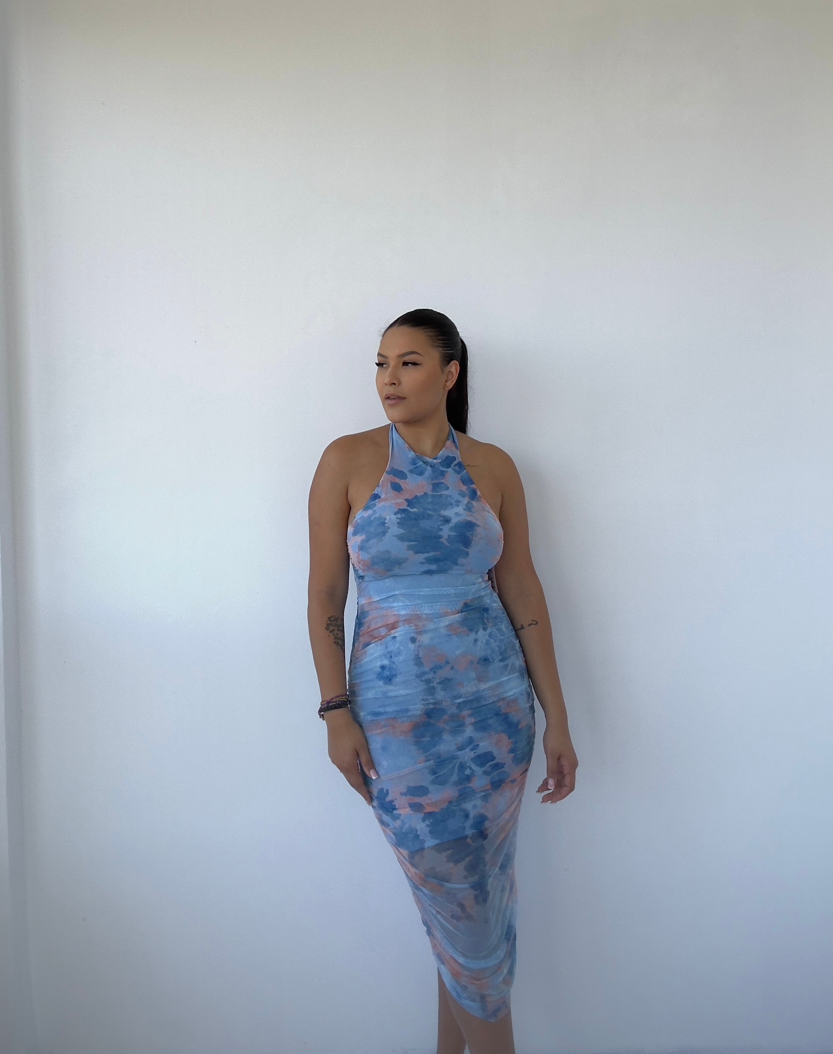 Vestido Tull Estampado Azul